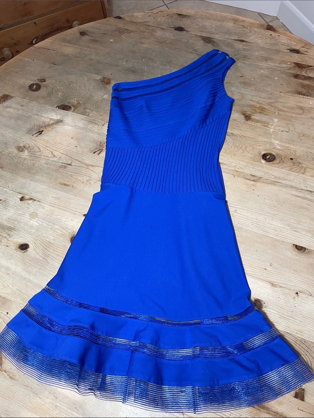 Tadashi Shoji Cobalt Blue One-Shoulder Knit Cocktail Dress Wedding Guest Dress